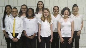 Caption: Riverwood Middle All-State Chorus performers on the front row (from left) are Jonathan Durham, Tarynn Neal, Kami Overby, and Kara Matthews. On the back row are Panisara Purcell, Ella Grace Bussemas, Brynne Haller, Caison Bates, and Mariah Latorre High School.