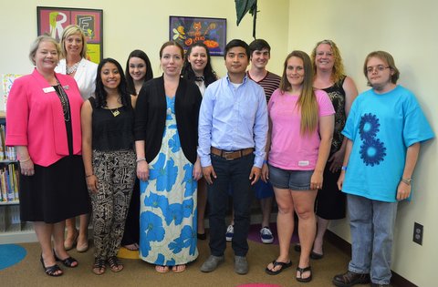 Twyla Wells and Jennifer Driver, left, of the JCC Foundation are pictured with the student Cynthia DeFord Adams winners.