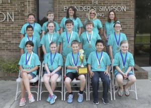 Meadow School Battle of the Books team members on the front row (from left) are Jada Barefoot, Lyda Boone, Elliot Butler, Jaleel Carranza, and Reagan Williford. On the middle row are Jared Carranza, Kaitlyn Giddens, Preston Parker, Braden Raynor, and Emma Stewart. On the back row are Anna Knowles, Adam Miller, Coach Rhonda Langston, Coach Lori Keith, and Coach Heather Sutton. 