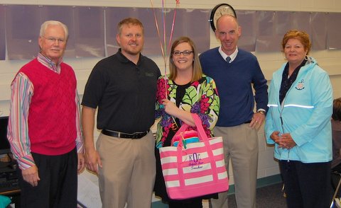 Pictured left to right: Mr. Jazz Woodard, Clayton Chamber Education Committee; Dr. Karel Lloyd, Clayton Chiropractic; Ms. Kaitlin Olive, Super Star Teacher; Mr. Brayton Leonhardt, East Clayton Elem. Principal; Martha Stovall, Clayton Chamber Ambassador