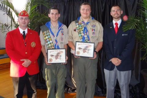 Pictured (left to right) Eagle Scout Coordinator Lewis W. Rice III, Eagle Scout Bryce Clay Ivey, Eagle Scout Kyle Murphy Williams, and Master of Ceremonies Ryan Roberts.