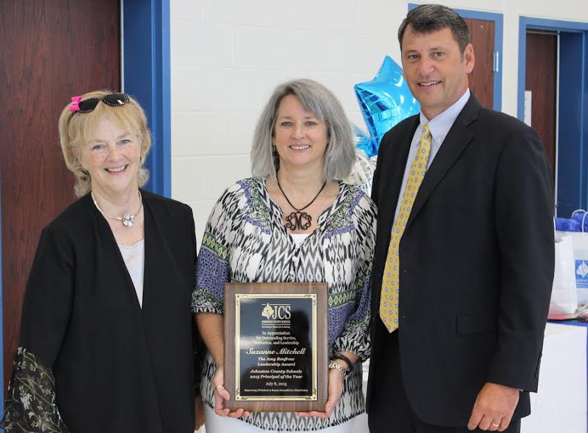 Selma Elementary School’s Suzanne Mitchell (center) is the 2015-2016 Wells Fargo Principal of the Year for Johnston County Schools. Standing beside her is Johnston County Board of Education member Dr. Peggy Smith (left) and Superintendent Dr. Ed Croom (right).