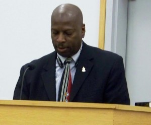 Tony Nixon, Chairman of the East Smithfield Improvement Organization discusses concerns about race relations with the Smithfield Town Council Tuesday night. WTSB Photo