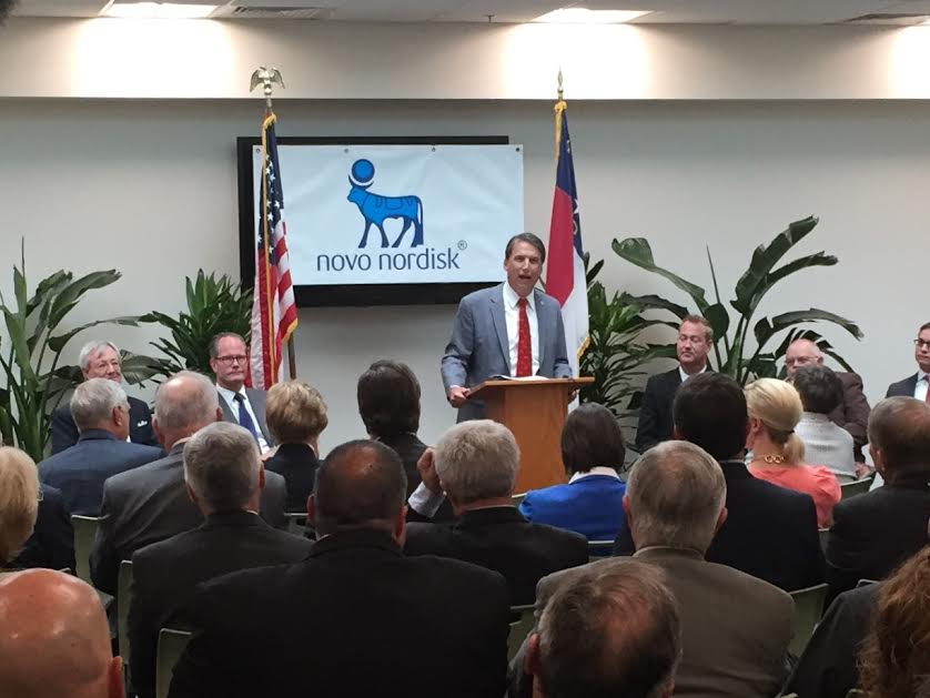 NC Gov. Pat McCrory, speaking at the Johnston County Workforce Development Center in Clayton, made the official announcement that Novo Nordisk will add nearly 700 jobs at a new Clayton production facility to meet the increased worldwide demand for its diabetes medicines. Photo by John Payne