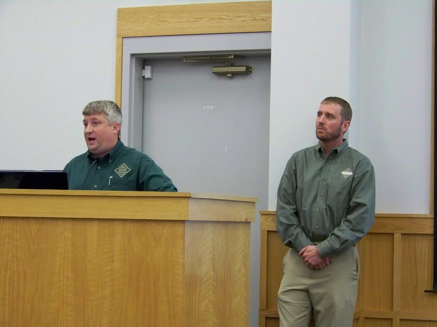 (Left to right) Christian Waters and Mike Hamlin with North Carolina Wildlife discuss a proposed new Smithfield Boat Ramp with members of the Smithfield Town Council on Sept. 1st. WTSB Photo
