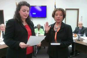 Selma Town Clerk Cynthia Richardson (right) is shown taking her oath of office from Johnston County Clerk of Court Michelle Ball on April 14. Richardson has resigned, effective Oct. 30th, to accept another job. WTSB Photo