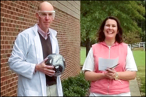 (Left to right) East Clayton Elementary Principal Brayton Leonhardt and fifth grade teacher Amy Plahuta work together to create a science video.