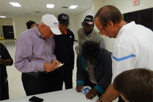At left, Dunn Mayor Oscar Harris, at left, adds up election results at the Dunn Community Center last night. The rest those pictured is Council member Carnell Robinson, who lost, member Frank McLean, ahead of his opponent by two votes, Alice Judd and member Billy Tart, who had no opposition. Story and photo by The Daily Record