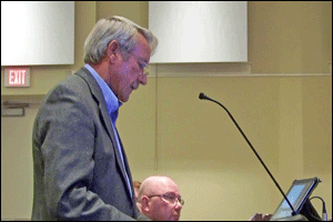 Johnston County Commissioner Allen Mims of Clayton was one of several people who appeared before the Clayton Town Council Monday night opposing a new 181 lot subdivision at the intersection of Shotwell Road and Covered Bridge Road. WTSB Photo