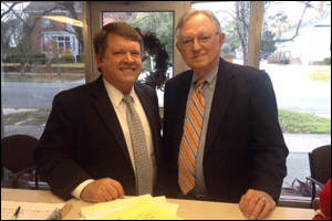 (Left to right) Johnston County School Board Chairman Larry Strickland is joined by Representative J.H. Langdon as Strickland files for the NC House District 28 seat being vacated by Langdon.