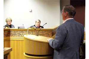 (Left to Right) Johnston County Commissioners Cookie Pope and Ted Godwin ask Airport Director Ray Blackmon about the Johnston County Airport operations during a spotlight on the county department Monday during the Commissioner’s monthly meeting. WTSB Photo