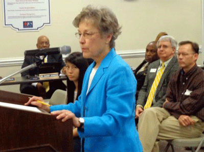 Susan Lassiter, Chairperson of Concerned Citizens for Successful Schools, addresses the Johnston County School Board in April 2014. On Wednesday, the organization announced they have settled a lawsuit against Johnston County Schools and Superintendent Dr. Ed Croom for failing to release public records. JoCoReport.com Photo