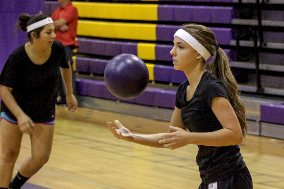 Taylor Driscoll (right) prepares to bring the heat at the CHHS FCA Dodgeball Tournament. Beside her is teammate Maria Juarez.
