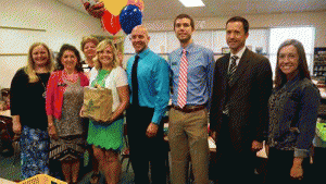 Amanda Blakely, Clayton Chamber Education Committee; Donna White, Johnston County School Board; Martha Stovall, Clayton Chamber Ambassador; Alex Canady, Super Star Teacher; Brian Johnston, Powhatan Principal; Will Lawson, Four Oaks Bank; Brent George, Four Oaks Bank; Jamie Tyler, Powhatan Asst. Principal