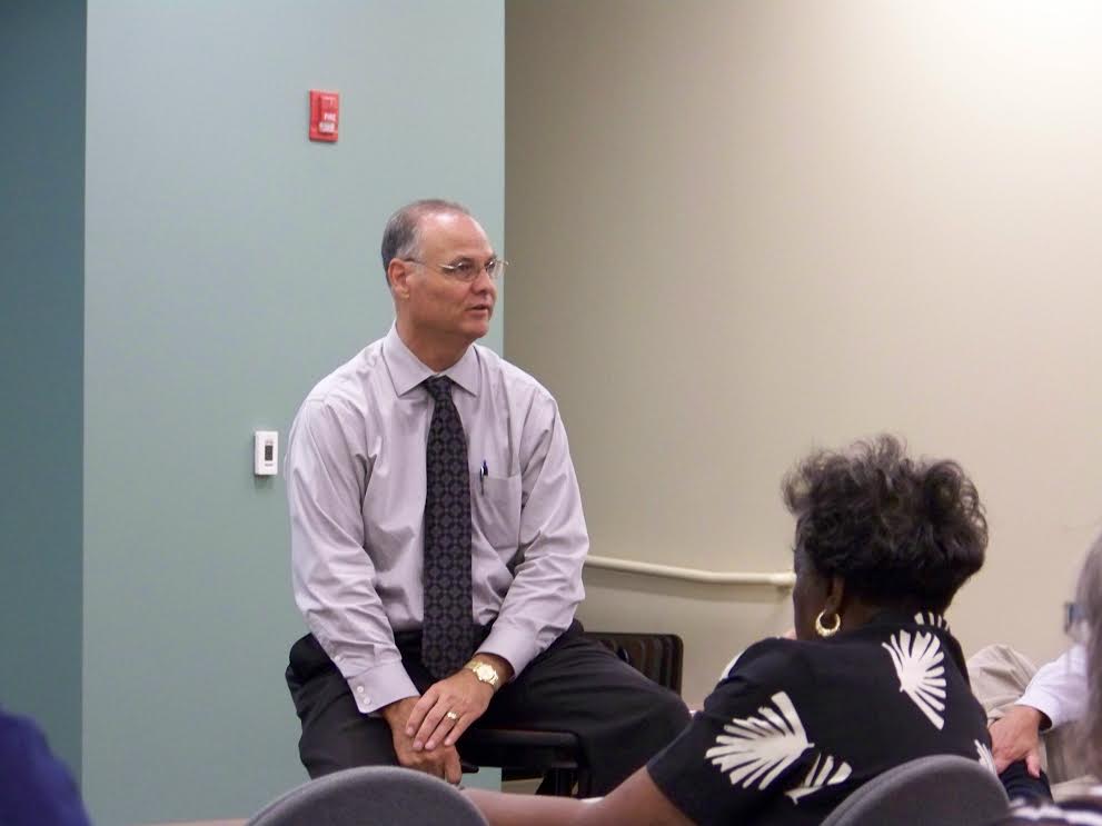 Town Manager Michael Scott listens to a residents question during a meeting to discuss recreational needs in East Smithfield. JoCoReport.com Photo